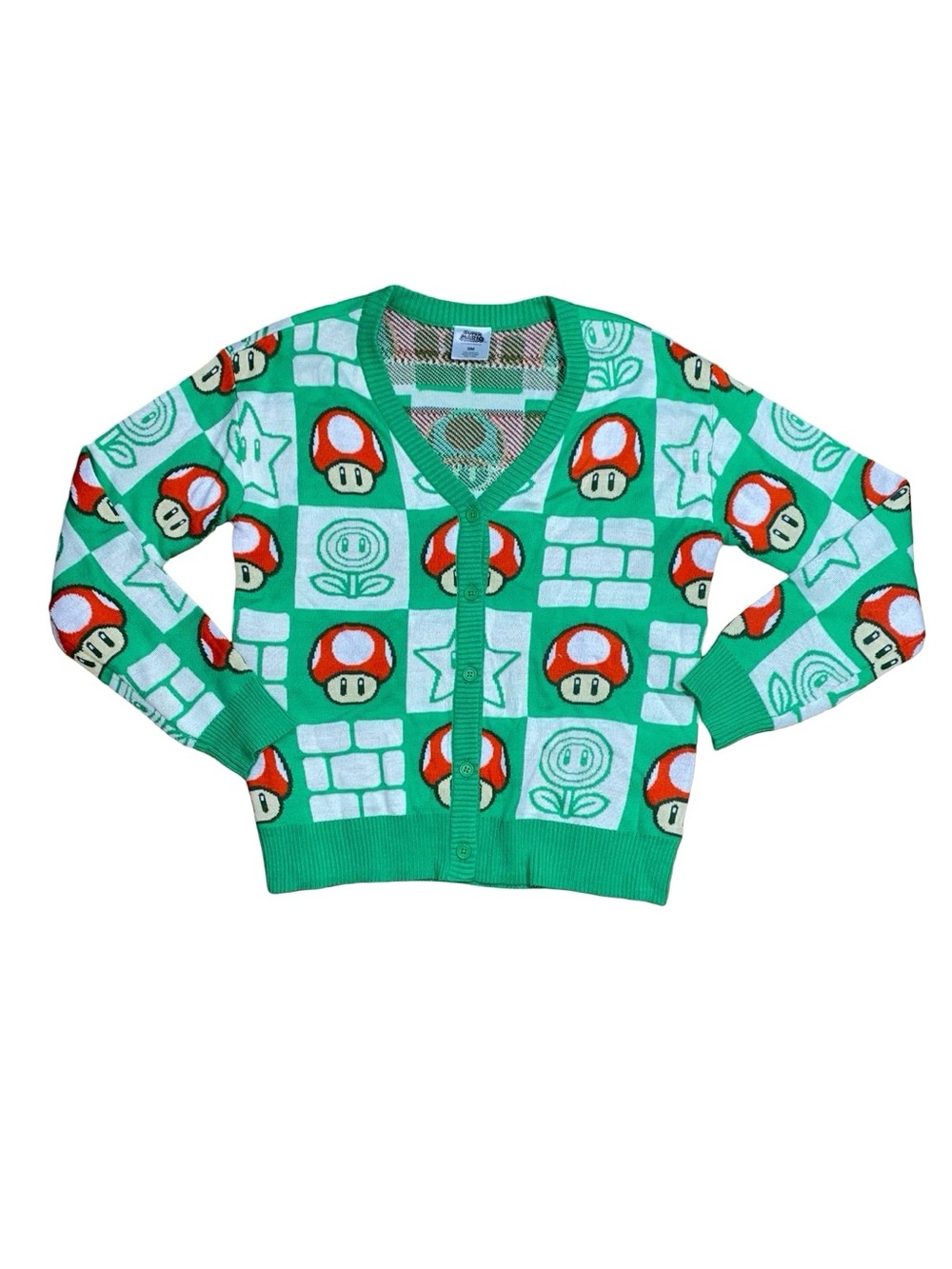 Nintendo Super Mario Bros Mushroom Power Up Star Checkered Button Down Knit